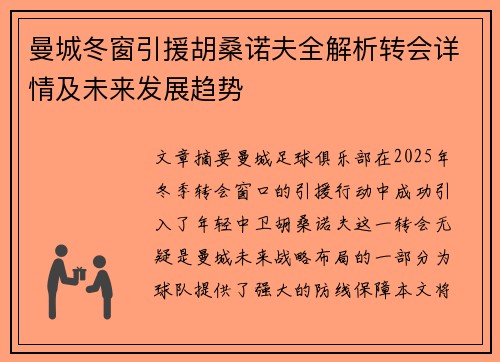 曼城冬窗引援胡桑诺夫全解析转会详情及未来发展趋势 曼城冬窗引援胡桑诺夫全解析转会详情及未来发展趋势