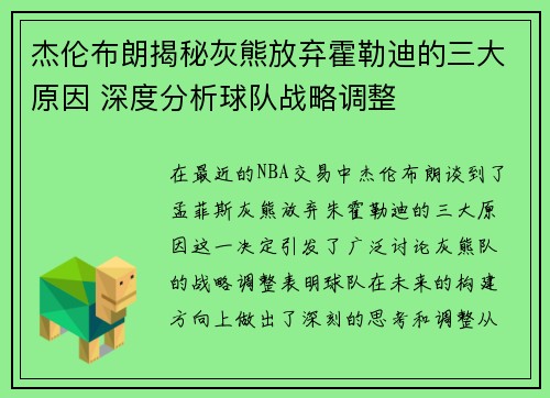 杰伦布朗揭秘灰熊放弃霍勒迪的三大原因 深度分析球队战略调整