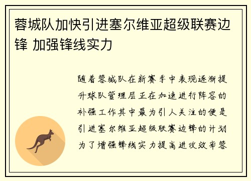 蓉城队加快引进塞尔维亚超级联赛边锋 加强锋线实力 蓉城队加快引进塞尔维亚超级联赛边锋 加强锋线实力