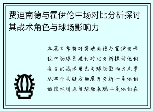 费迪南德与霍伊伦中场对比分析探讨其战术角色与球场影响力