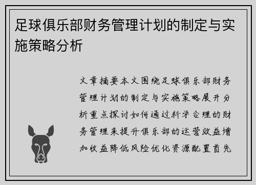 足球俱乐部财务管理计划的制定与实施策略分析